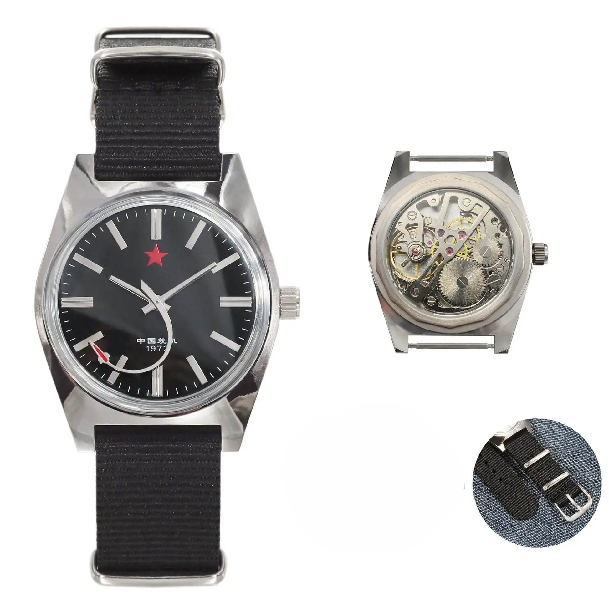 Simples Market men's 36mm stainless steel mechanical wristwatch with black dial and fabric strap; front and back views.