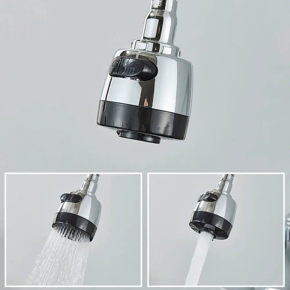 Chrome wall-mounted kitchen faucet head with spray and bubbler, 360-degree rotation, flexible pipe