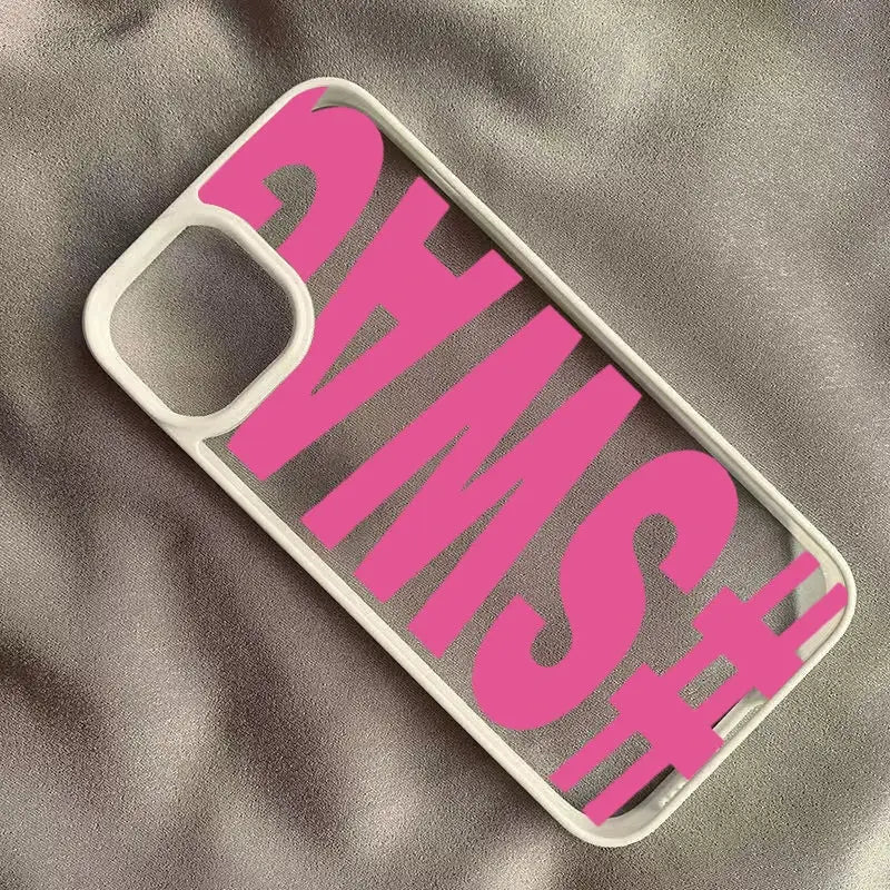 SWAG bold letter phone case for iPhone by Simples Market, pink typography on a clear back with white bumper