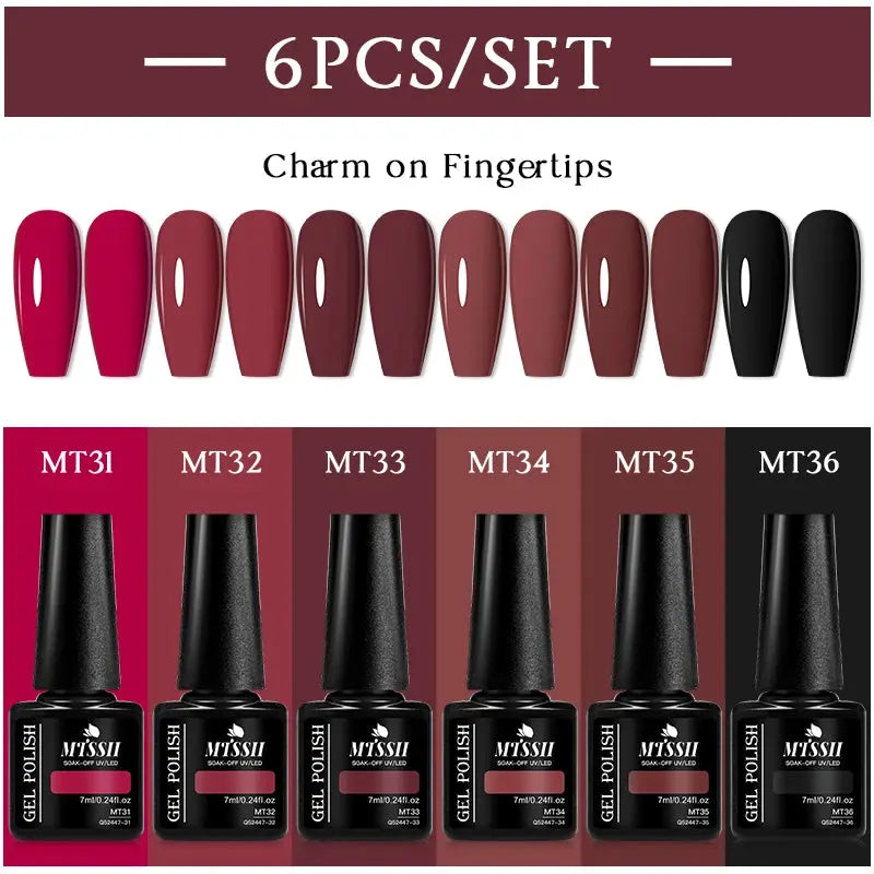 Gel nail polish set, 6-color MT31–MT36 by Simples Market for UV/LED gel nails