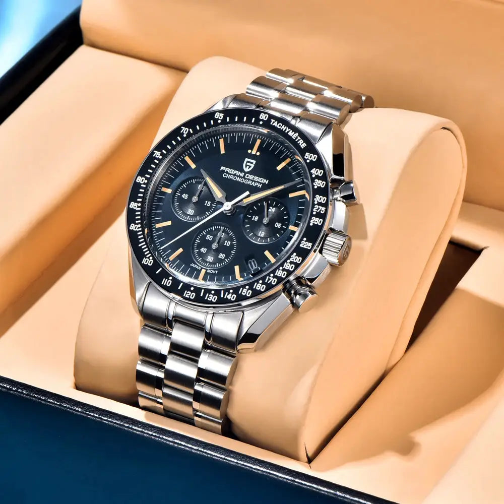 PAGANI DESIGN chronograph watch in stainless steel with black dial, tachymeter bezel, three subdials, luminous markers