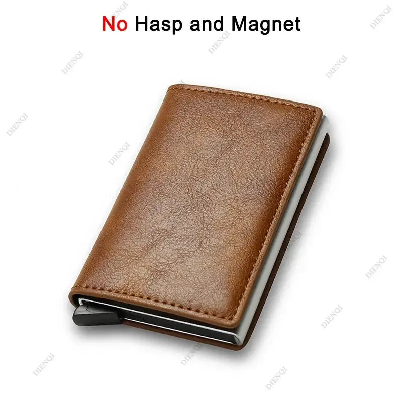 RFID-blocking brown leather card holder wallet with mini automatic pop-up card case