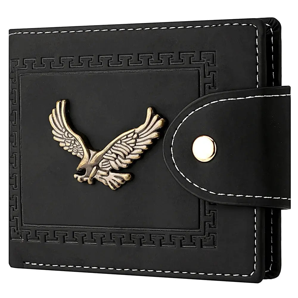 Men's black PU leather wallet with gold eagle emblem and snap strap, folding card holder.