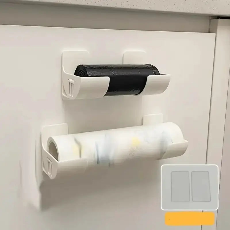 4-pack punch-free kitchen storage racks for plastic wrap and garbage bags; white plastic, two mounted on the cabinet door