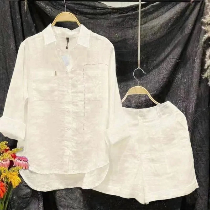 Cotton Linen White Long Sleeve Shirt And Shorts Set For Women