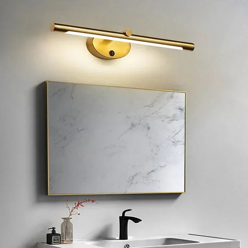 Simples Market modern LED wall lamp, gold brass bar sconce above a marble-framed bathroom mirror