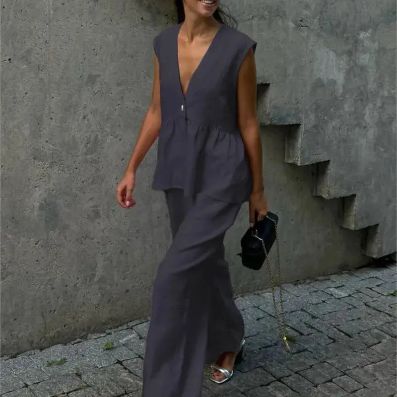 Women Sleeveless V Neck Top Two Piece Summer Set With Straight Pants