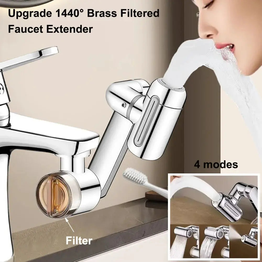 Brass filtered faucet extender with 4 modes and 1440° swivel, chrome finish — Simples Market