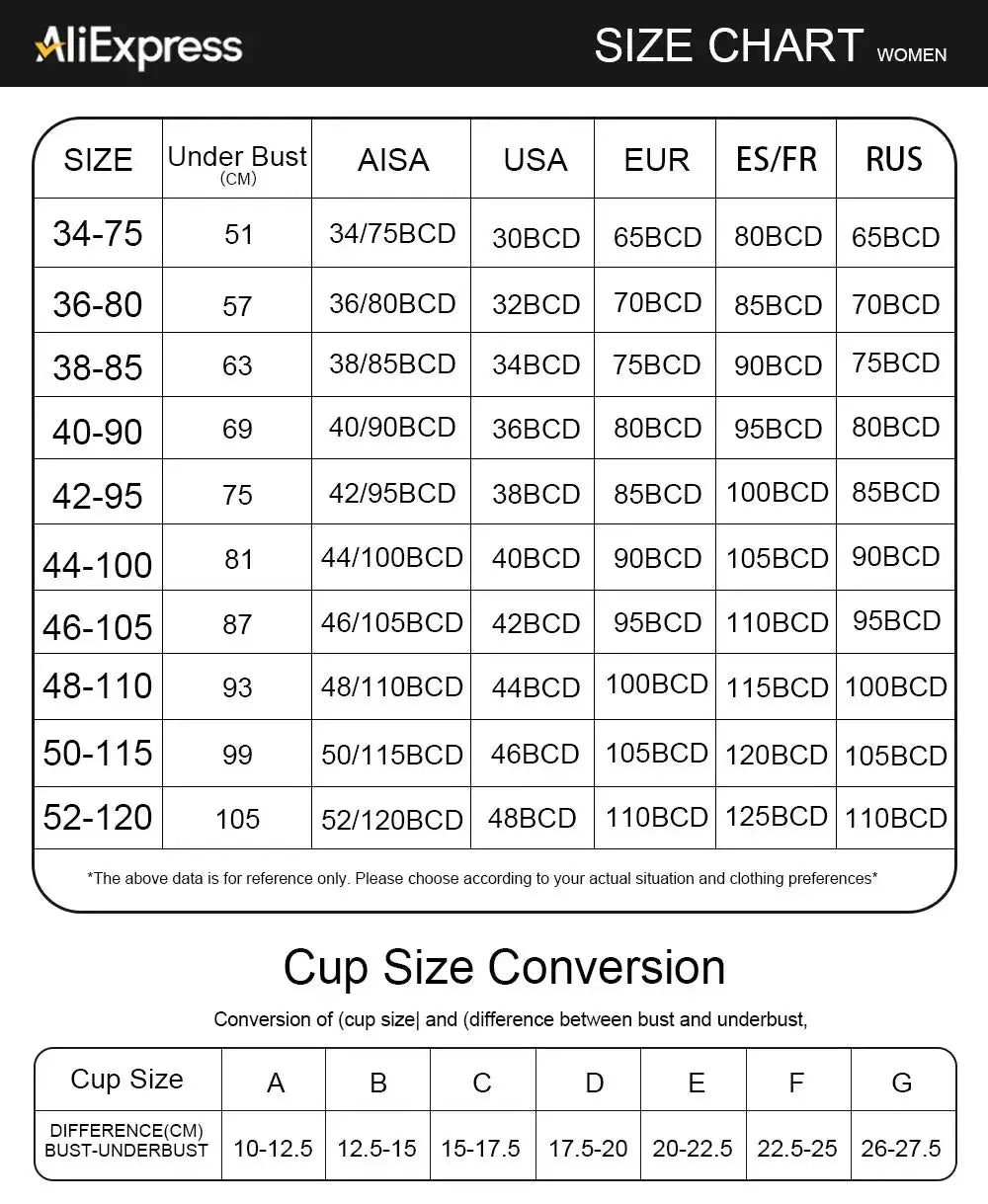 AliExpress women's size chart showing bust-underbust measurements and A to G cup conversion