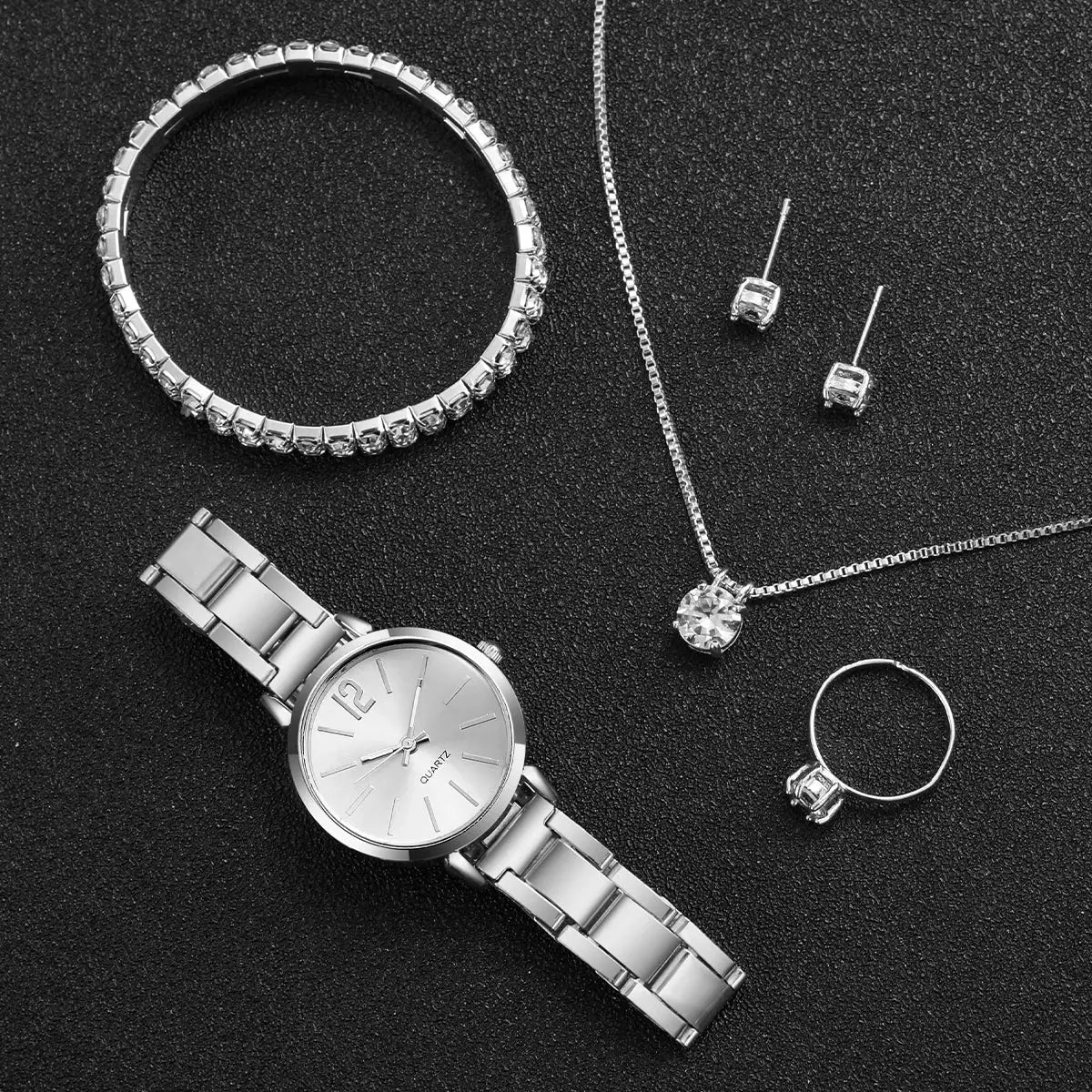 6pc silver-tone women's jewelry set: watch, crystal pendant necklace, crystal bracelet, stud earrings, and ring