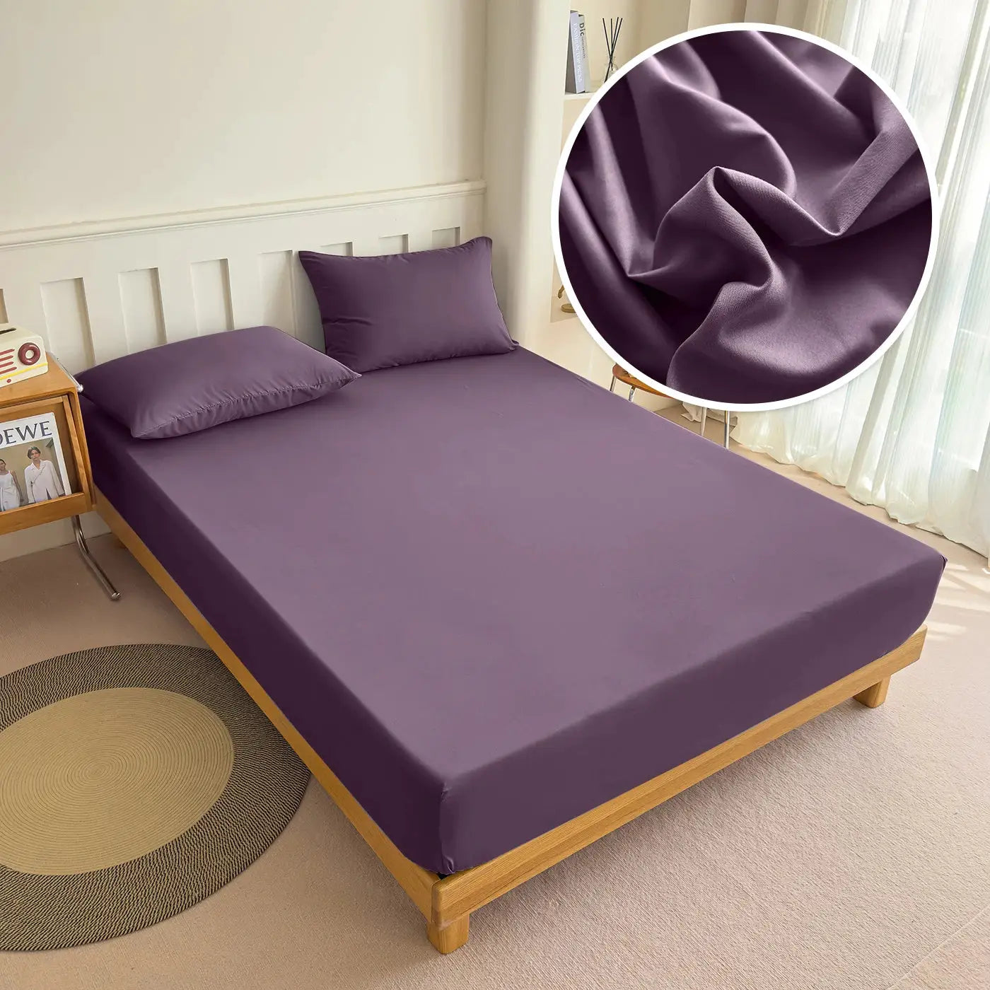 Purple fitted bed sheet with elastic by Simples Market; 100% polyester solid color on wooden bed with two pillows.