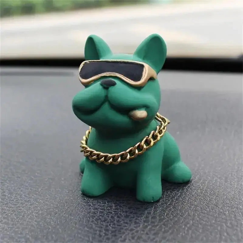 Green resin bulldog car ornament with sunglasses and gold chain for dashboard decor
