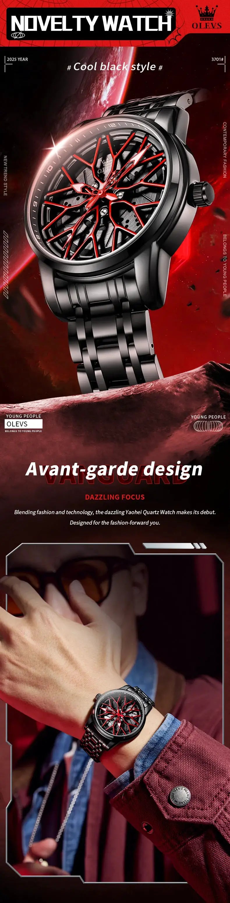 OLEVS men's wristwatch with black stainless steel band and red skeleton dial, 30m water resistant.