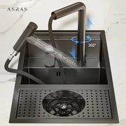 ASRAS Nano black small single-bowl kitchen sink with hidden bar counter cover and lifting faucet