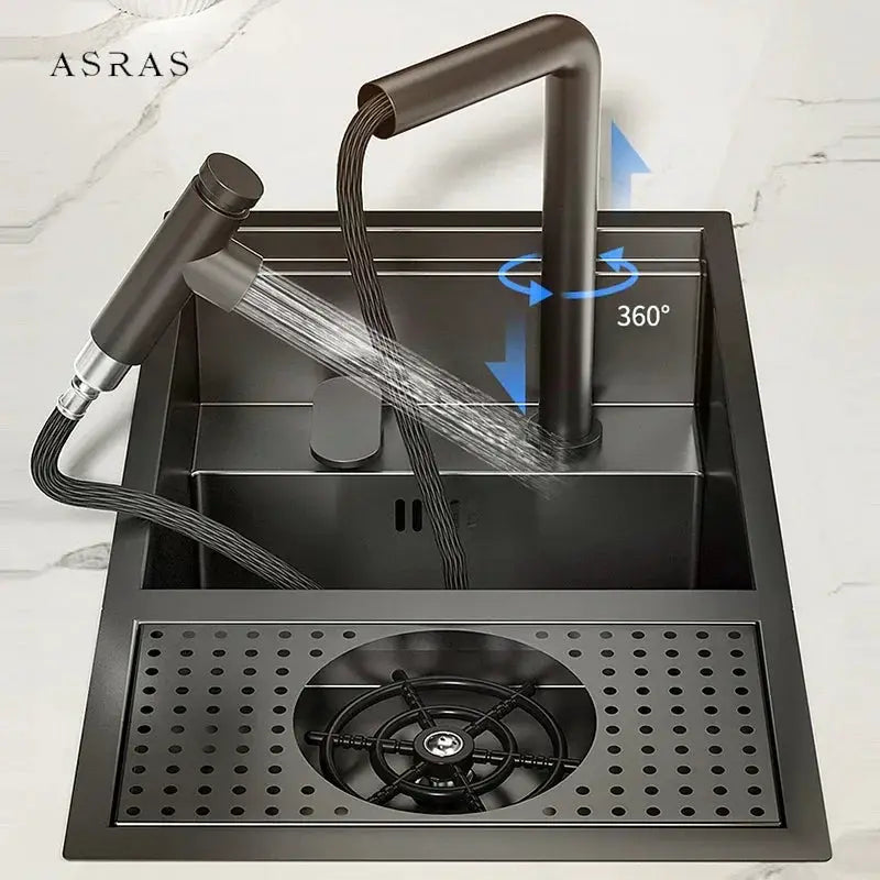 ASRAS Nano black small single-bowl kitchen sink with hidden bar counter cover and lifting faucet