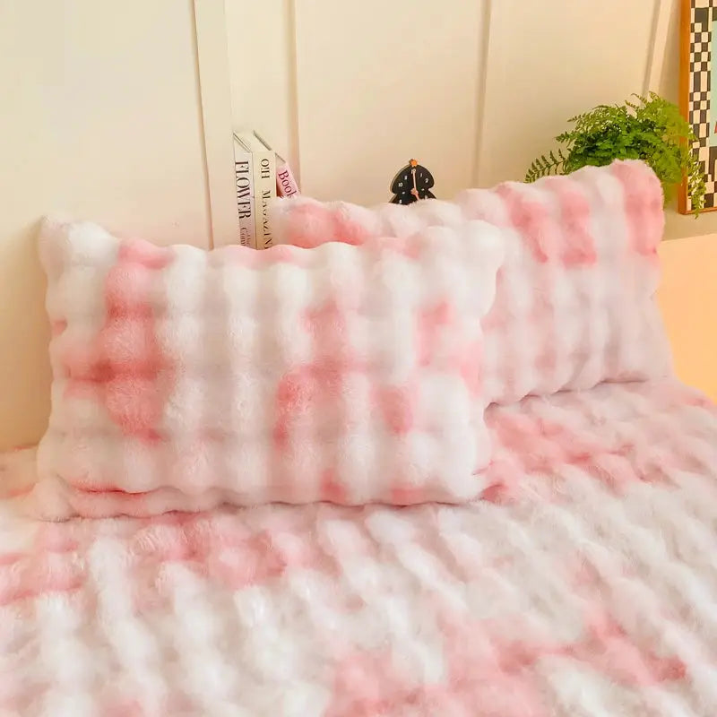 2pc fluffy plush pillowcases in pink and white rabbit-fleece, 48x74cm