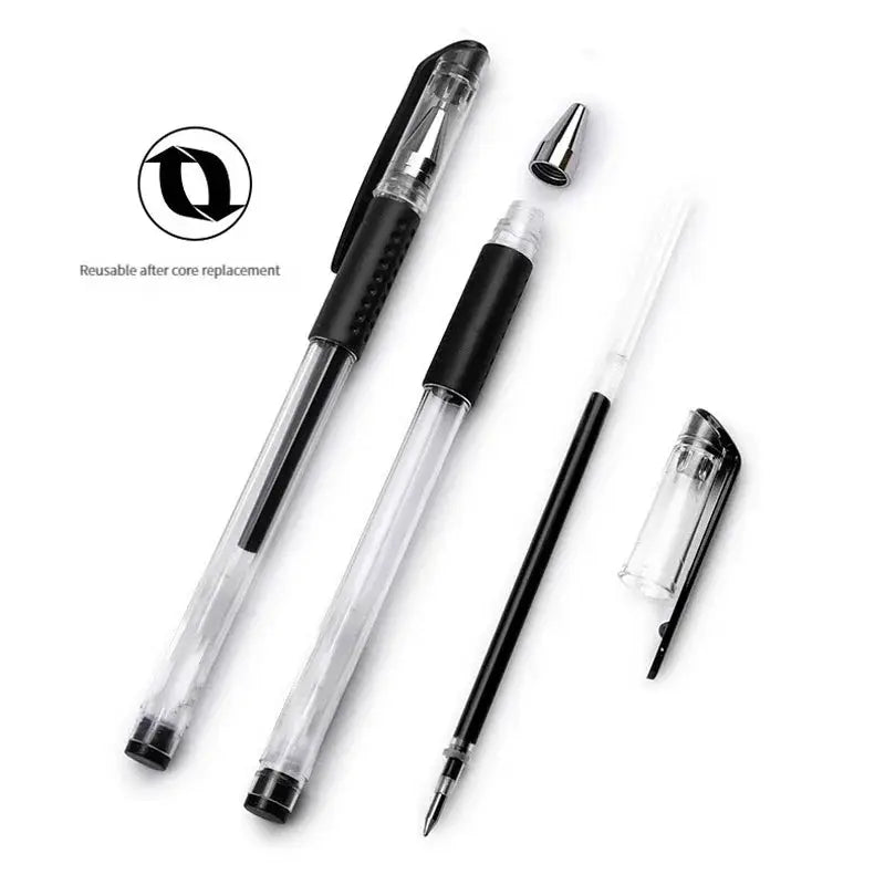 Simples Market gel pen set; transparent barrels with black grips, black blue red ink, 0.5mm