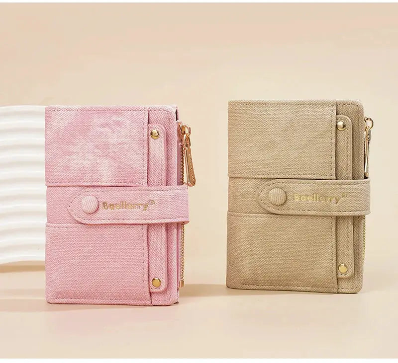 Baellerry women's short wallets set, 2 pieces, pink and beige with zipper coin pockets and detachable card clips.