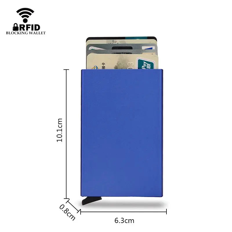RFID-blocking blue aluminum mini card holder wallet by Simples Market with visible cards