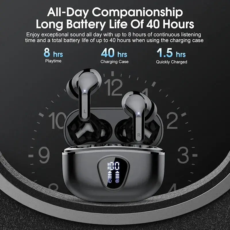 Wireless earbuds in a black charging case with LED display; stereo in-ear headphones
