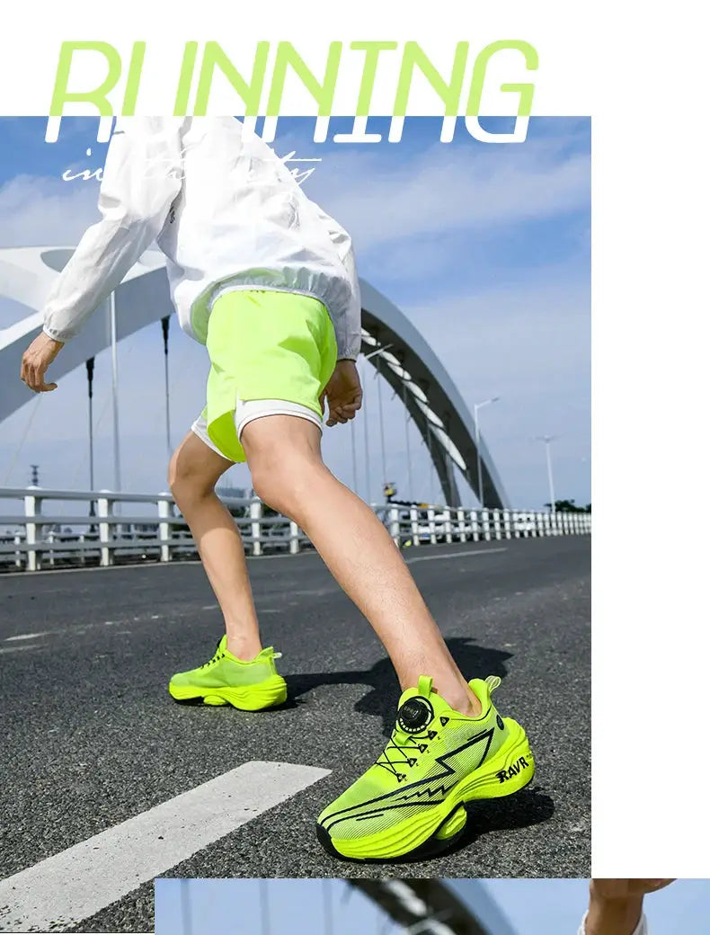 Pair of neon yellow men's running shoes with black accents