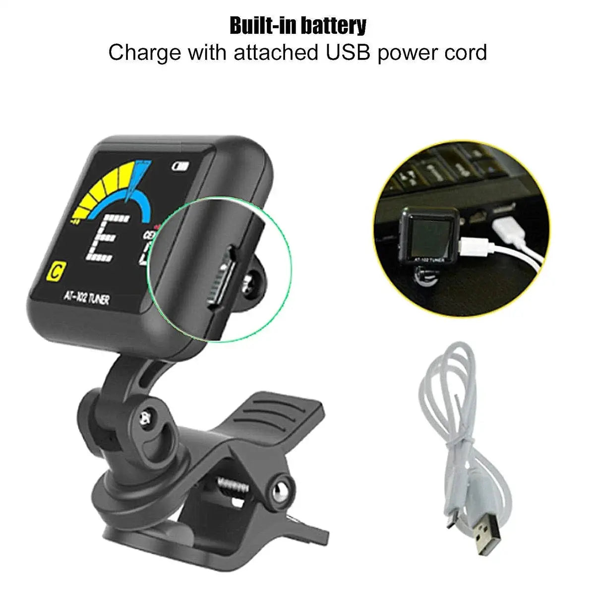 AROMA AT102 Rechargeable Tuner Clip On For Guitar Bass Ukulele Violin Large 360 Degree LCD Display And Built In Battery