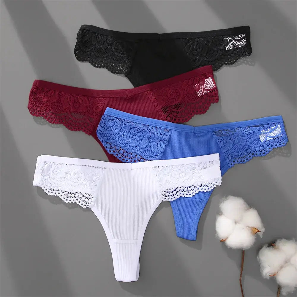 4-pack women lace thong underwear set in black, burgundy, blue and white, cotton lace waistband, breathable