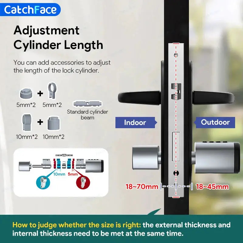 Door lock cylinder from CatchFace with adjustable length, black finish, indoor/outdoor diagram