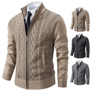 Simples Market men's cashmere-padded knitted zip cardigan coat in beige; also available in gray and charcoal variants