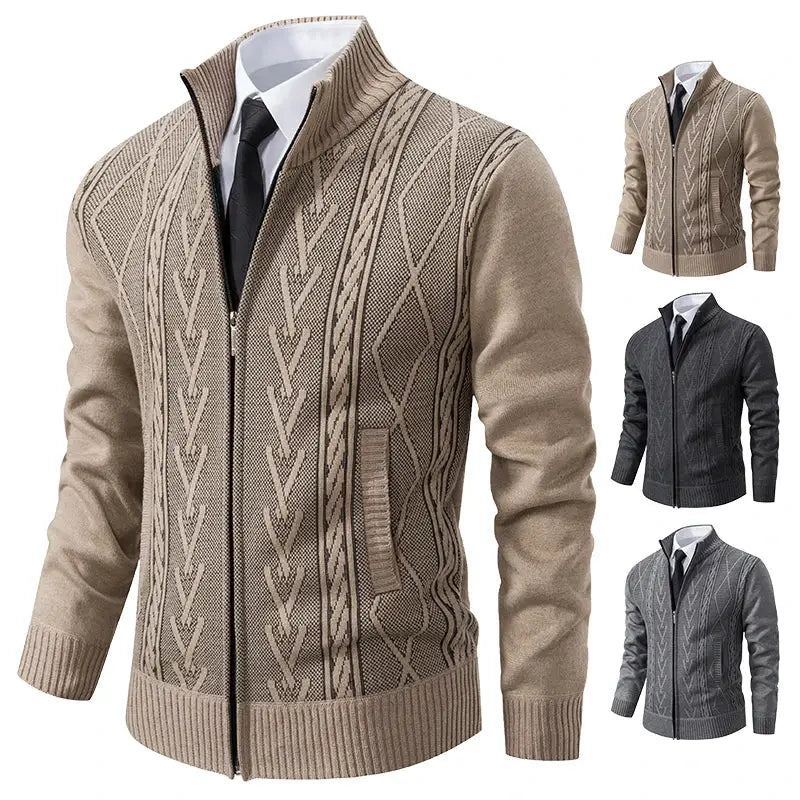 Simples Market men's cashmere-padded knitted zip cardigan coat in beige; also available in gray and charcoal variants