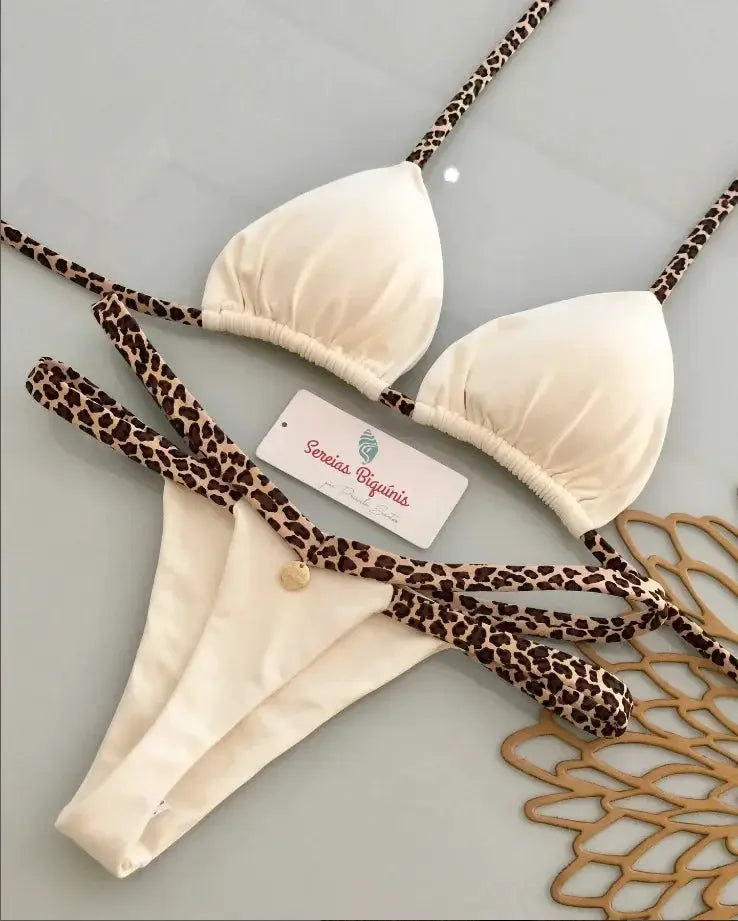 Print Sexy Bikini Set by Simples Market; cream triangle-top with leopard-print halter straps and thong bottom
