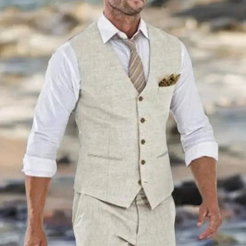 Beige linen waistcoat for men with V-neck, paired with matching pants and white shirt for wedding or beach style