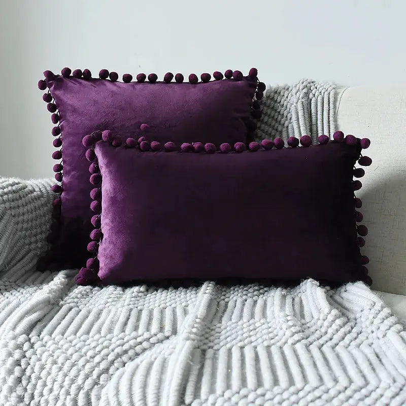 Velvet cushion covers set of 2 in purple with pom-pom fringe for boho sofa decor