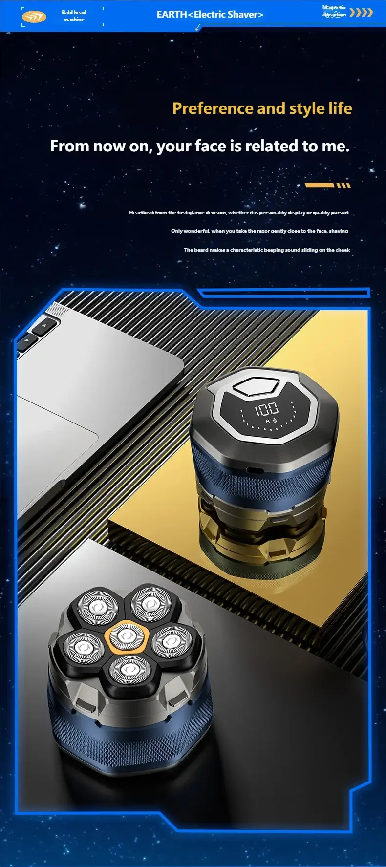 HOMEFISH Electric Head Shaver for Bald Men by Simples Market, 6D magnetic heads, rechargeable LED, waterproof.