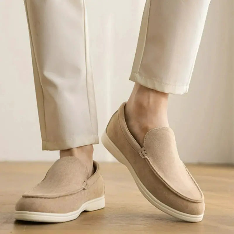 Men's beige suede loafers, slip-on driving moccasins, lightweight casual shoes