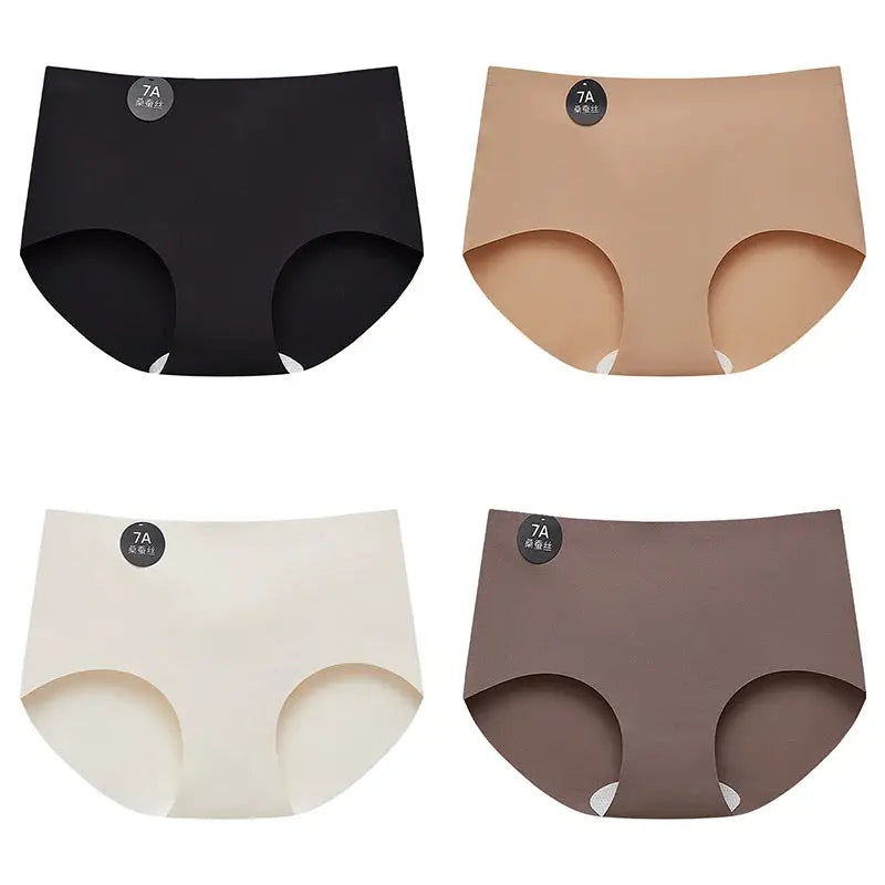 Falllsweet 4Pcs seamless mulberry silk briefs for women in black, beige, white and brown; soft, lightweight underwear.