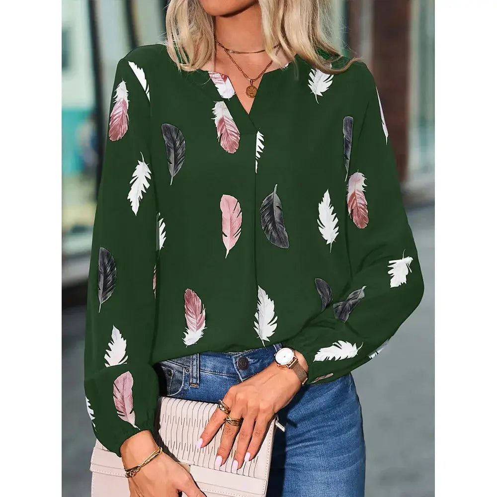 Simples Market green feather-print chiffon blouse with long sleeves
