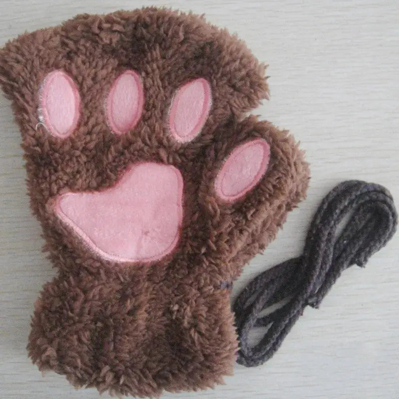 Cartoon Cute Cat Claw Paw Gloves Women Plush Mittens Warm Soft Short Fingerless Fluffy Bear Cat Gloves Costume