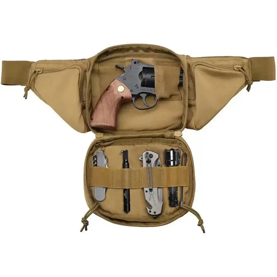 Simples Market tan tactical waist pack for outdoor hiking with multiple tool slots