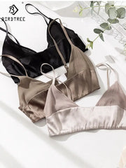Birdtree Women's Silk-Spandex Wireless Bralette Trio in black, taupe, blush; non-padded silky satin 3-pack