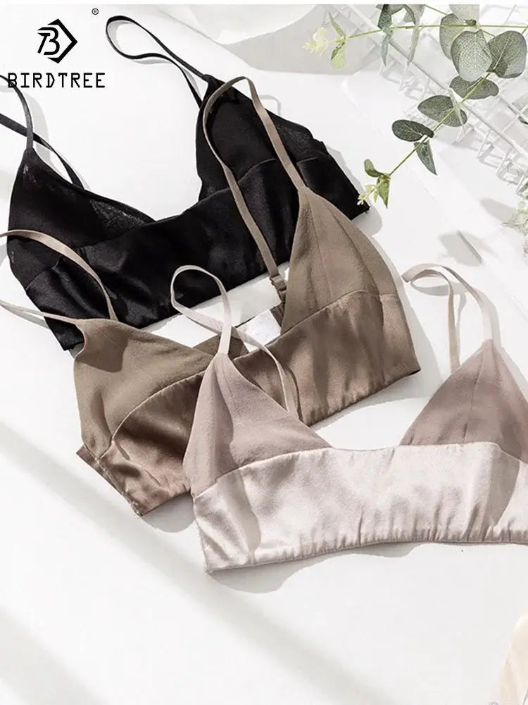 Birdtree Women's Silk-Spandex Wireless Bralette Trio in black, taupe, blush; non-padded silky satin 3-pack
