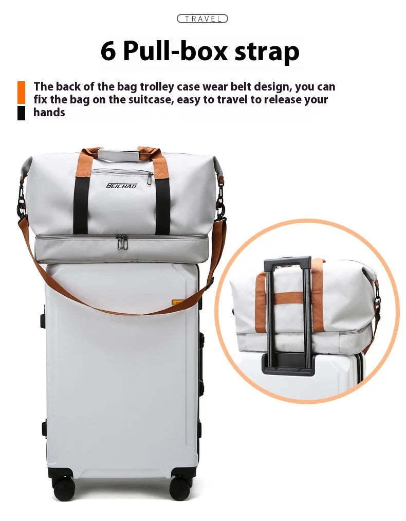 Large-capacity travel gym bag on a suitcase, gray nylon with orange straps, Beichad logo