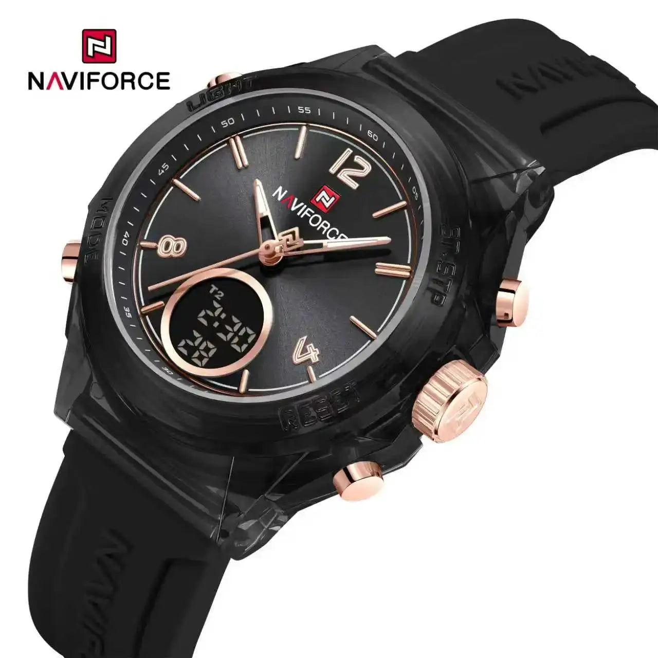 Naviforce women's sport watch with black dial, rose-gold accents, rubber strap, dual time display