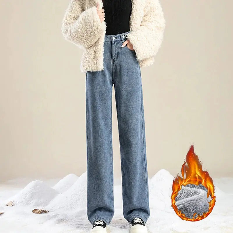 Winter Plush Thermal High Waist Jeans For Women Fleece Lined Pants