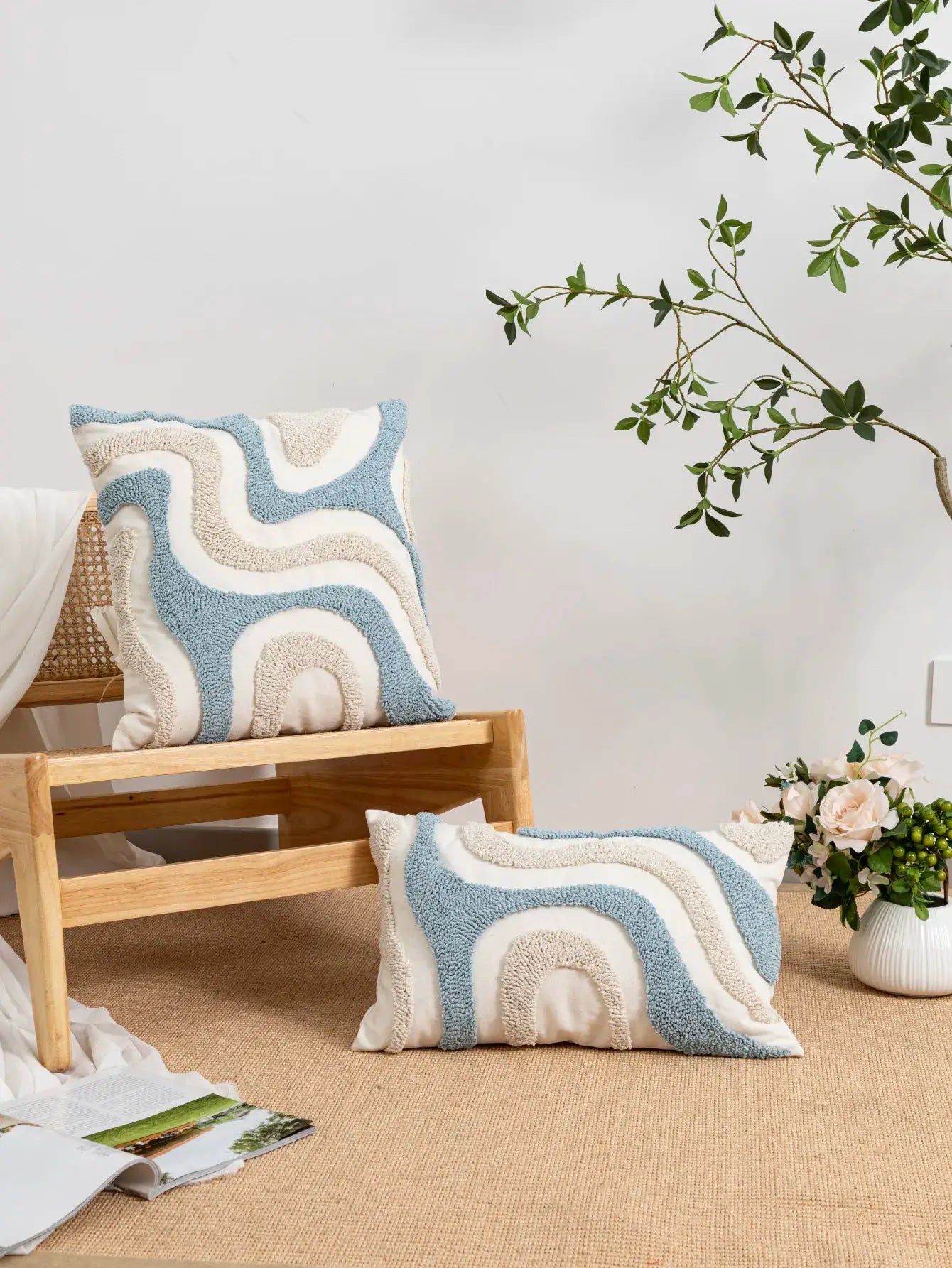 Pillowcases, two blue and white loop velvet with irregular geometric pattern in Bohemian style.