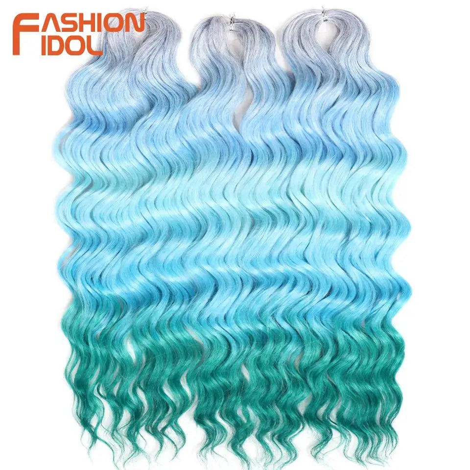 Anna Hair synthetic loose deep wave braiding extensions, 24in water wave, ombre blue teal, 3 bundles; Fashion Idol
