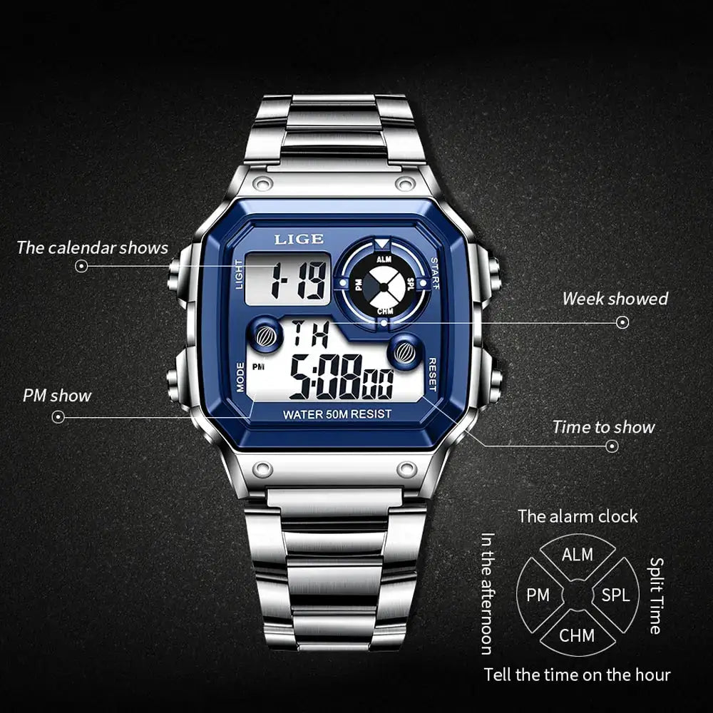 LIGE men's digital military-style wristwatch with blue dial and stainless steel band, 50m water resistant