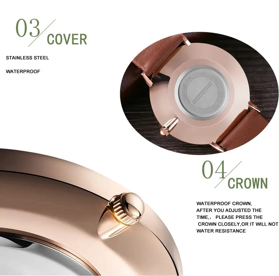 HANNAH MARTIN women's waterproof rose-gold wristwatch with brown leather strap and stainless steel back
