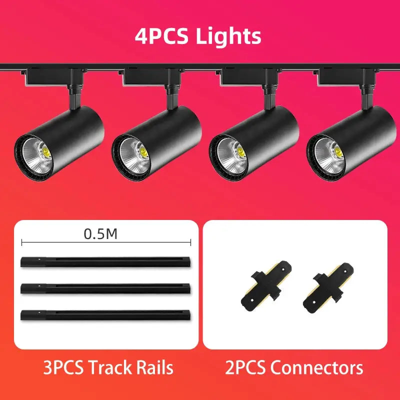 Simples Market 220V Spot LED Track Lighting set with 4 black track lights, 3 track rails and 2 connectors