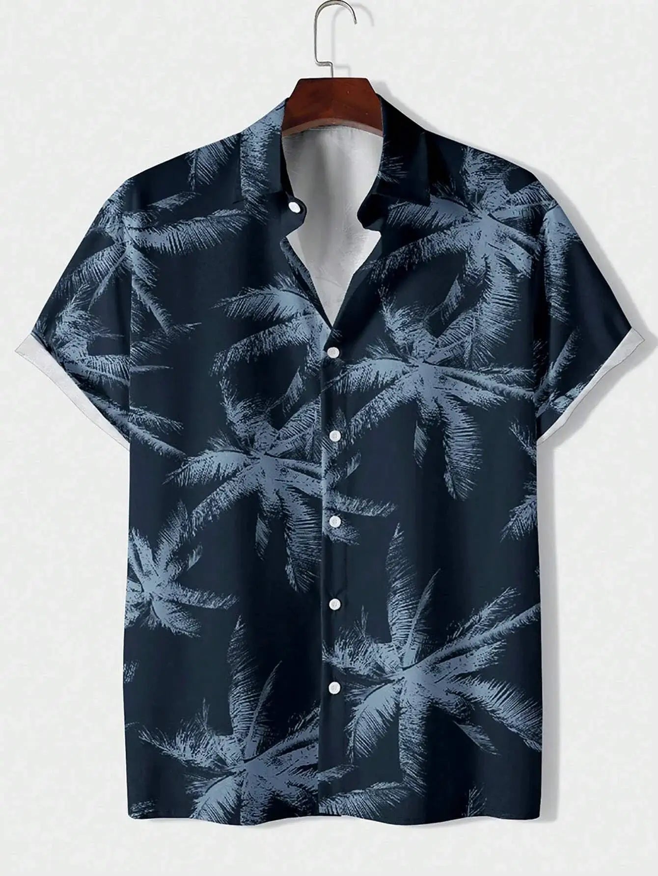 Hawaiian shirt navy palm-print with short sleeves, button-down, lightweight casual top Simples Market